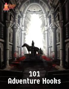 Cover art for a Kabouter Games RPG Design supplement: 101 Adventure Hooks. The image features a dark fantasy chamber with a horse and rider statue, ideal for TTRPG campaigns