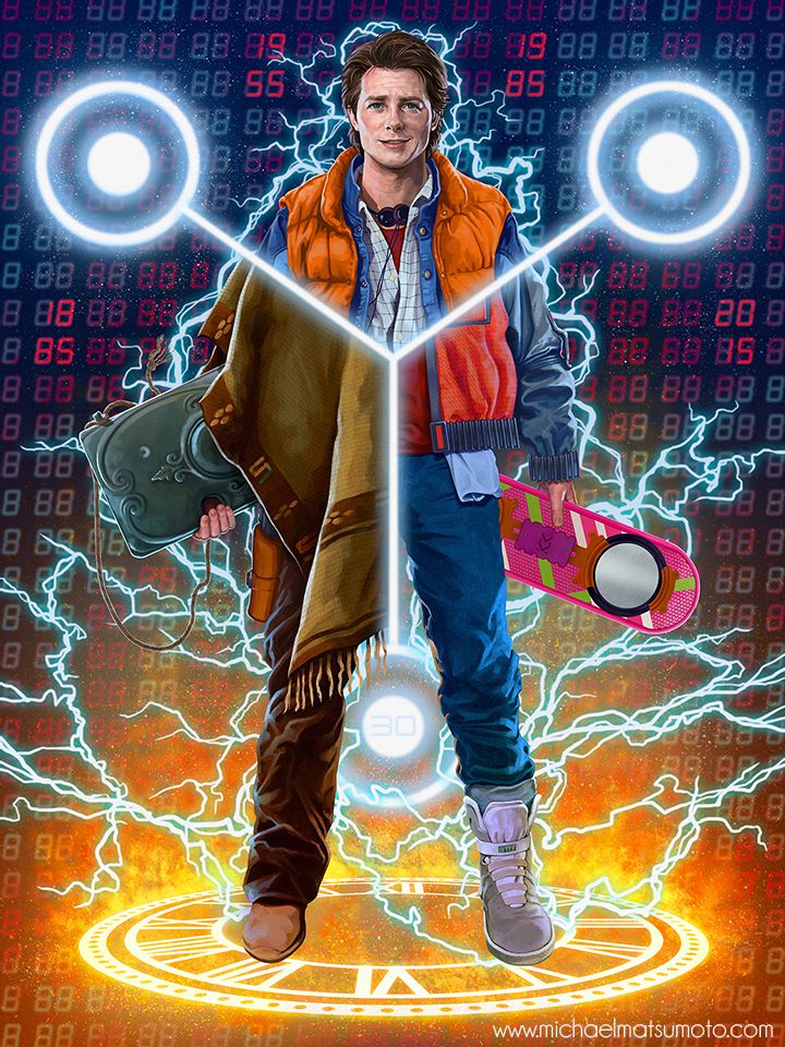 Back to the Future Trilogy Retrospective fan art of Marty McFly, blending his 1985 (Life Preserver vest) and Old West (shawl, bag) looks, standing on a time circle with the flux capacitor's glow and lightning surrounding him.