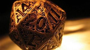 Ornate gold D20 showing a perfect roll of 20 for the Roll for Persuasion Geek Debate segment.