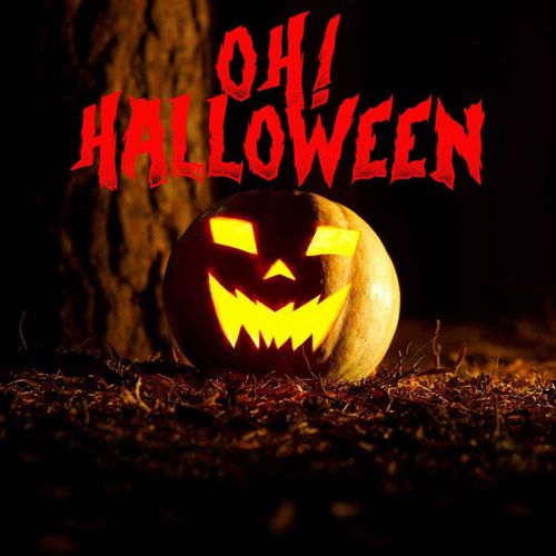 A lit jack-o'-lantern with a carved, smiling face is placed on the ground next to a tree trunk. The ground is covered in dark leaves and dirt. The pumpkin's glow illuminates the immediate surroundings. The text "OH! HALLOWEEN" is written in a spooky, red, jagged font at the top of the image. This image is the featured graphic for the OH!CAST Halloween episode.