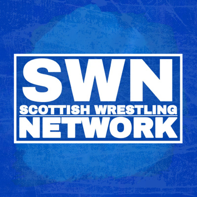 A podcast logo for the Scottish Wrestling Network (SWN), featuring the letters "SWN" in large, bold white font above the words "SCOTTISH WRESTLING NETWORK" in a smaller, sans-serif font, all enclosed within a white rectangular outline. The logo is set against a textured blue background with a subtle watermark of a lighter blue, circular shape. The logo represents the podcast and website founded by Billy Strachan, who was a guest on OH!CAST to discuss the Scottish wrestling scene.