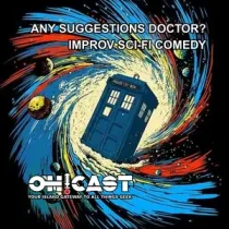 Promotional graphic for the Improvised Doctor Who Show 'Any Suggestions Doctor?', featuring the TARDIS swirling through a dynamic, colorful, sci-fi time vortex