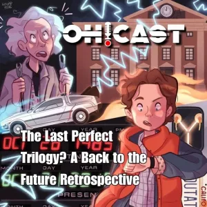 Cartoon illustration of Doc Brown next to the DeLorean time machine from Back to the Future