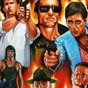 Movie poster illustration of 80s action film heroes including Arnold Schwarzenegger, Sylvester Stallone as Rambo, Mel Gibson, Al Pacino as Tony Montana, and Bruce Willis.