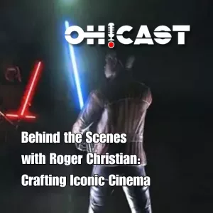 Roger Christian, the used future aesthetic creator, behind the scenes with a classic sci-fi prop (Star Wars or Alien).